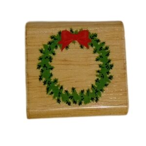 Wooden Stamp with Green Wreath and Red Bow